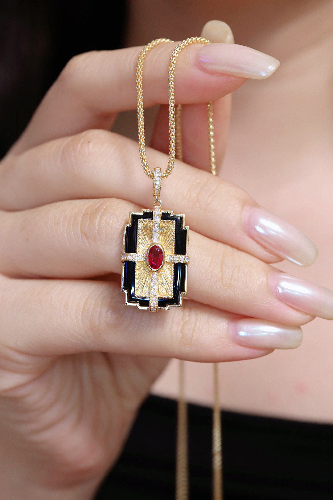 Vintage 18K Solid Gold Ruby Diamond Pendant, Birthday gift, gift for her