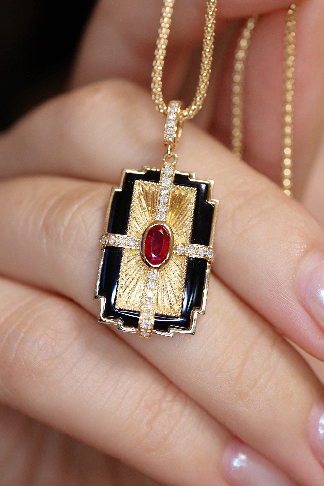 Vintage 18K Solid Gold Ruby Diamond Pendant, Birthday gift, gift for her