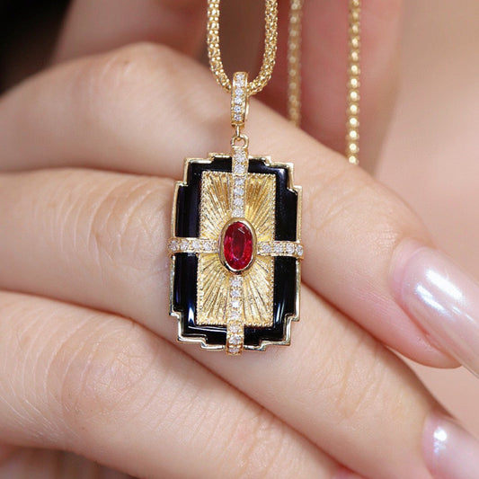 Vintage 18K Solid Gold Ruby Diamond Pendant, Birthday gift, gift for her