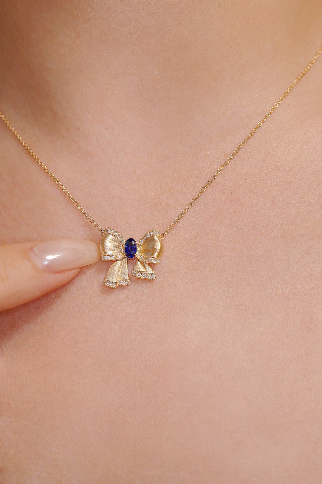 Vintage 18K Solid Gold Sapphire Diamond Bow Pendant Necklace, Wedding Necklace, gift for her