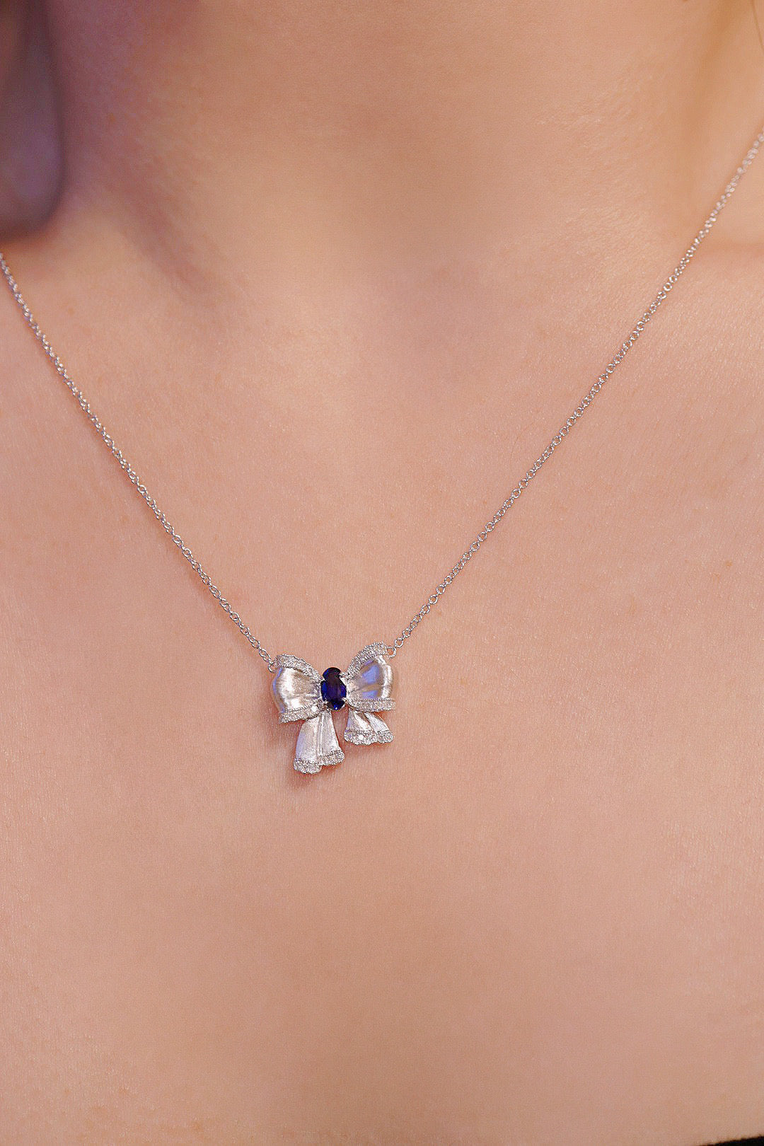 Vintage 18K Solid Gold Sapphire Diamond Bow Pendant Necklace, Wedding Necklace, gift for her