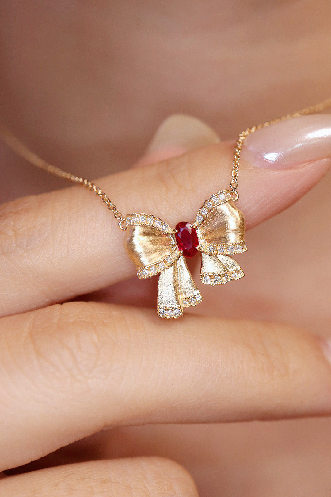 Vintage 18K Solid Gold Ruby Diamond Bow Pendant Necklace, Wedding necklace, gift for her