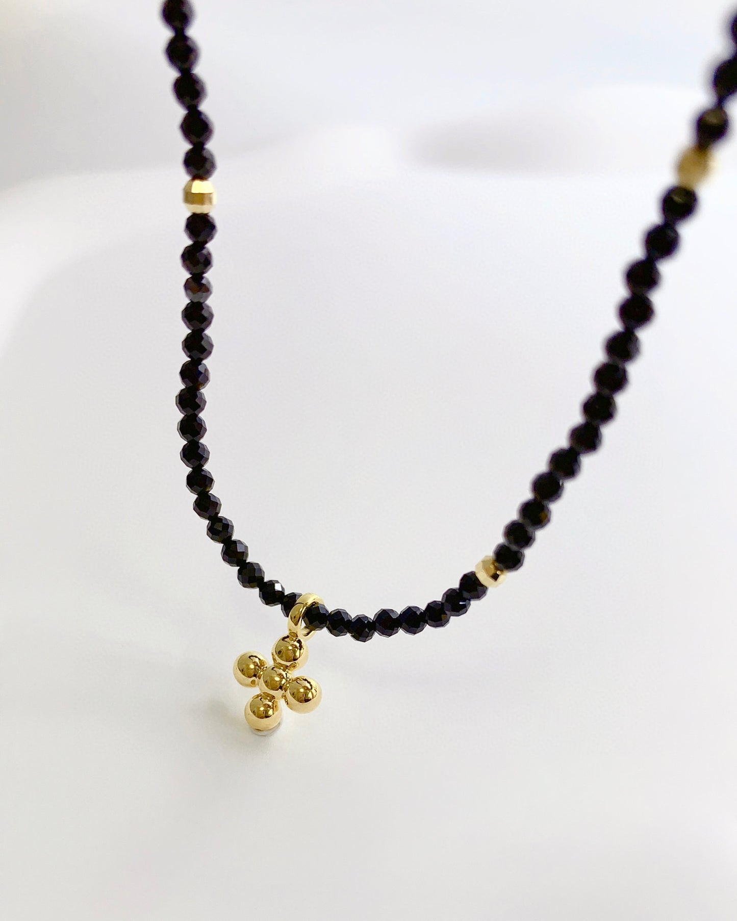 Art Deco 18K solid gold Cross Pendant with Natural Black Spinel Necklace/Gold Cross Pendant Gemstone Necklace/gift for her/birthday gift