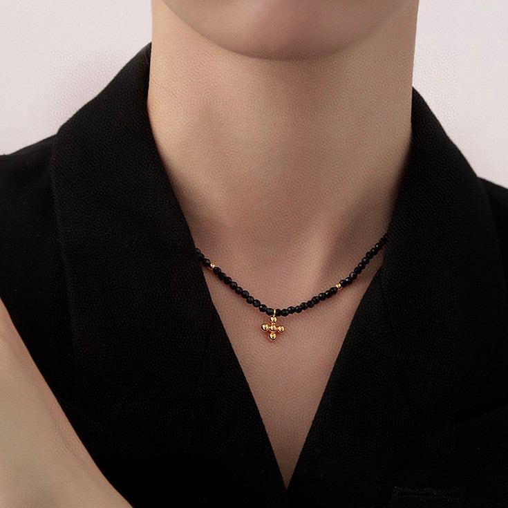 Art Deco 18K solid gold Cross Pendant with Natural Black Spinel Necklace/Gold Cross Pendant Gemstone Necklace/gift for her/birthday gift