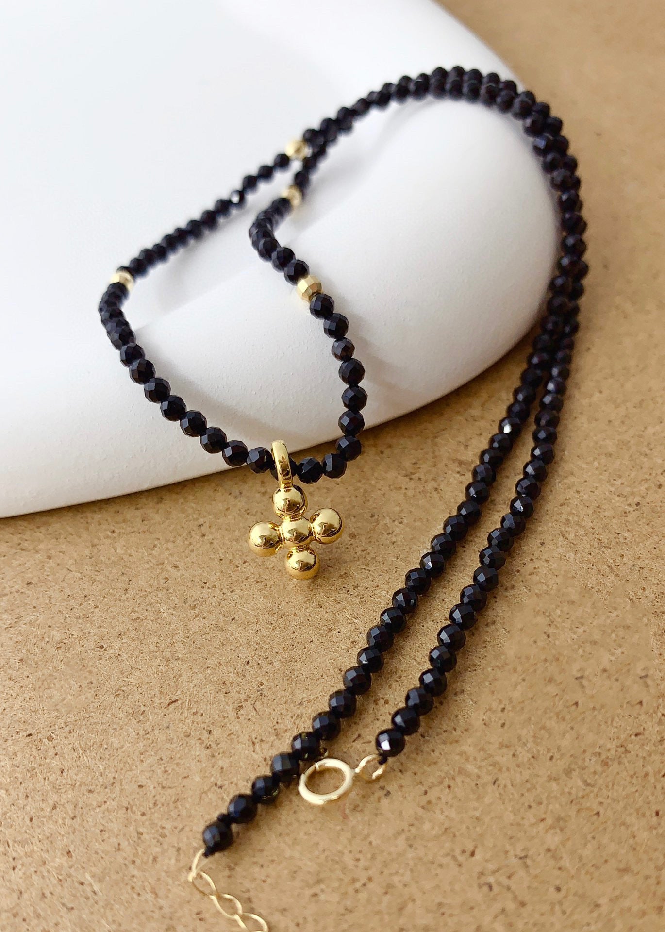 Art Deco 18K solid gold Cross Pendant with Natural Black Spinel Necklace/Gold Cross Pendant Gemstone Necklace/gift for her/birthday gift