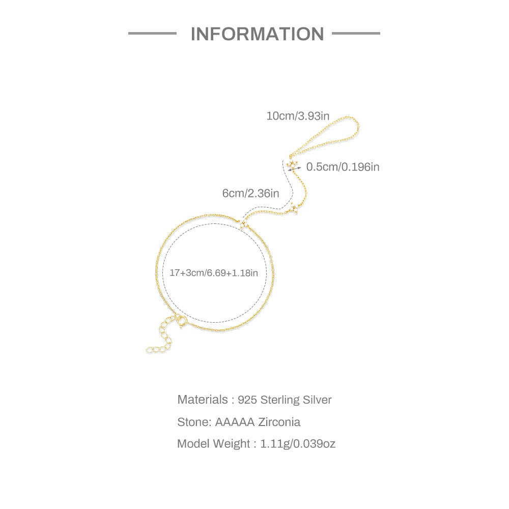 18K Gold plated Sterling Silver Zircon Hand Chain Dainty Adjustable Finger Bracelet Valentine's Day gifts