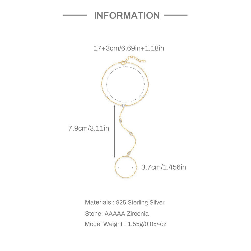 18K Gold plated Sterling Silver Zircon Hand Chain Dainty Adjustable Finger Bracelet Valentine's Day gifts