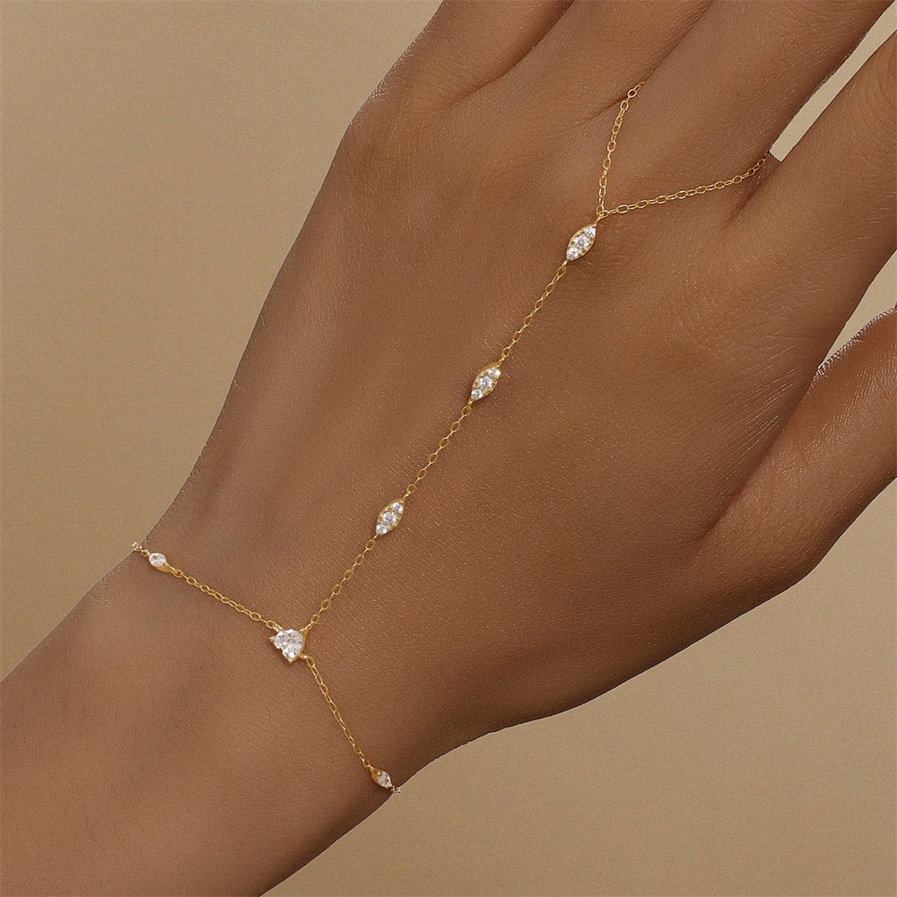 18K Gold plated Sterling Silver Zircon Hand Chain Dainty Adjustable Finger Bracelet Valentine's Day gifts