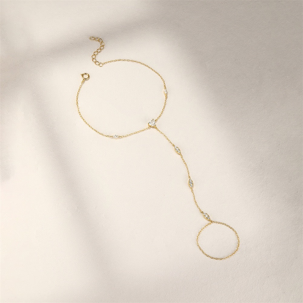 18K Gold plated Sterling Silver Zircon Hand Chain Dainty Adjustable Finger Bracelet Valentine's Day gifts