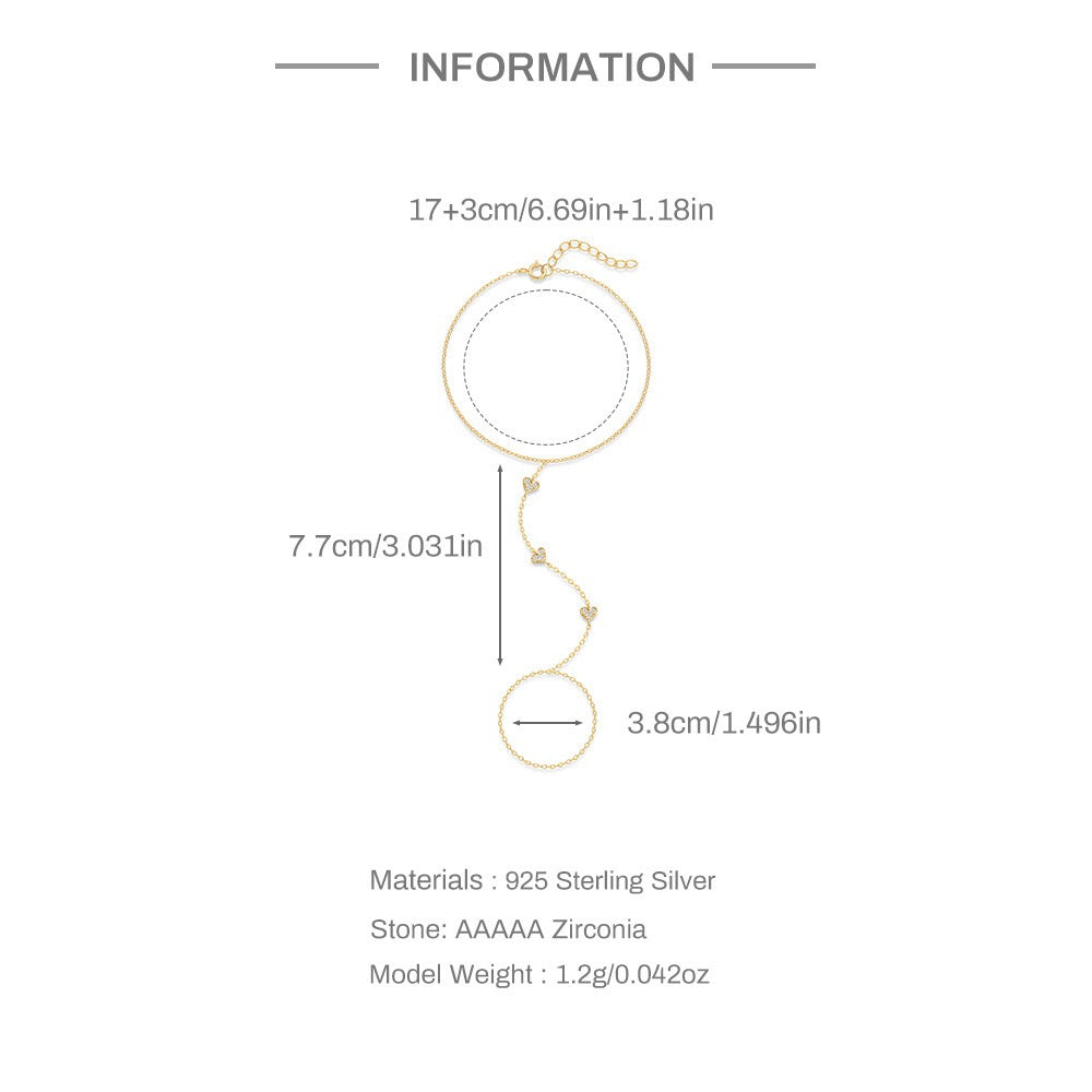 18K Gold plated Sterling Silver Zircon Hand Chain Dainty Adjustable Finger Bracelet Valentine's Day gifts