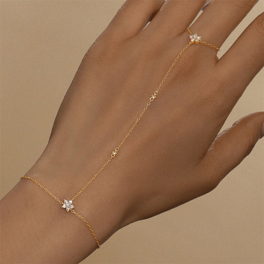 18K Gold plated Sterling Silver Flower charm Zircon Hand Chain Dainty Adjustable Finger Bracelet Valentine's Day gifts