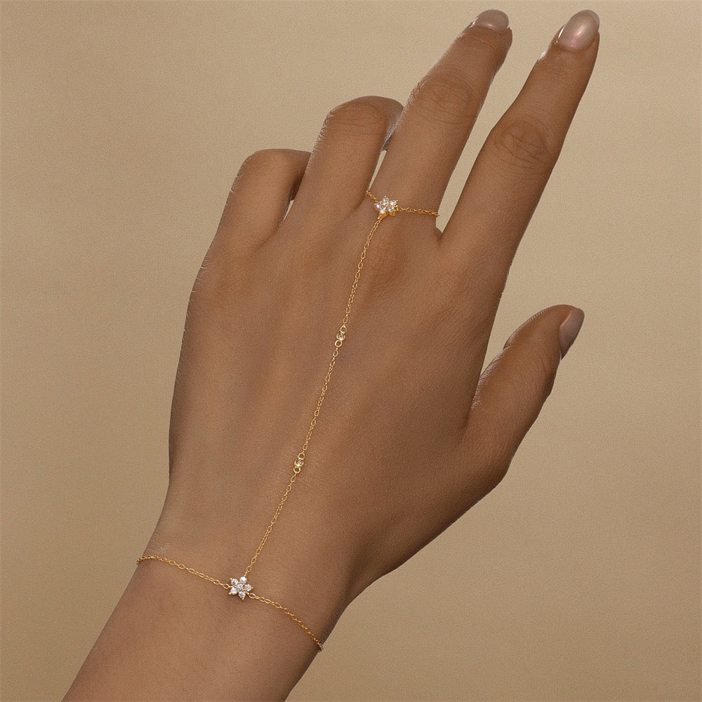 18K Gold plated Sterling Silver Flower charm Zircon Hand Chain Dainty Adjustable Finger Bracelet Valentine's Day gifts