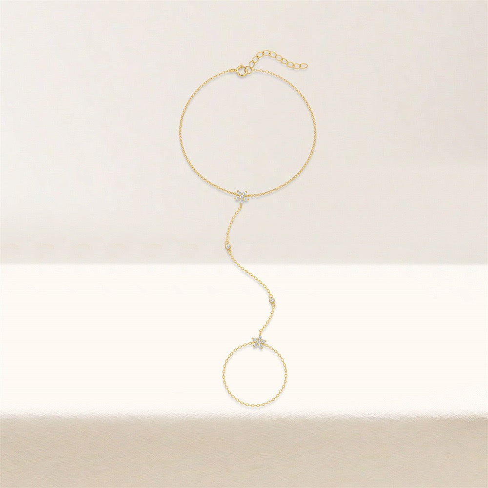 18K Gold plated Sterling Silver Flower charm Zircon Hand Chain Dainty Adjustable Finger Bracelet Valentine's Day gifts