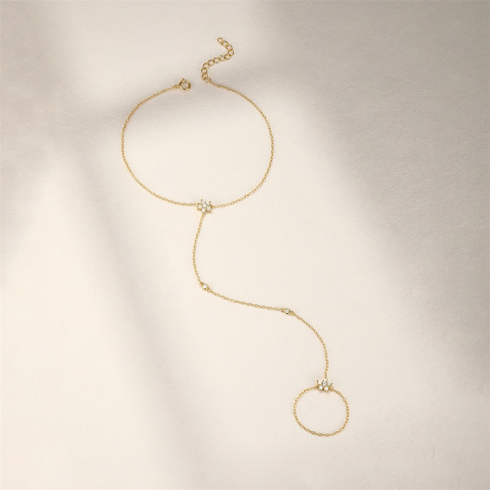 18K Gold plated Sterling Silver Flower charm Zircon Hand Chain Dainty Adjustable Finger Bracelet Valentine's Day gifts