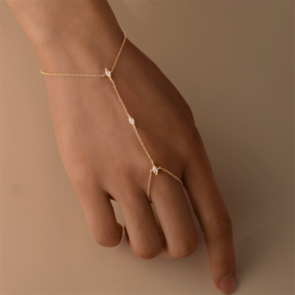 18K Gold plated Sterling Silver charm Zircon Hand Chain Dainty Adjustable Finger Bracelet Valentine's Day gifts