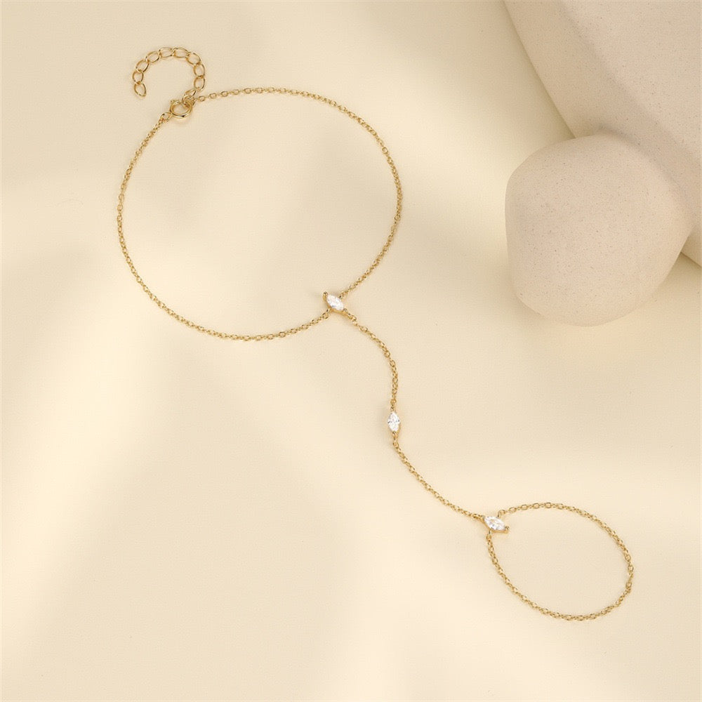 18K Gold plated Sterling Silver charm Zircon Hand Chain Dainty Adjustable Finger Bracelet Valentine's Day gifts