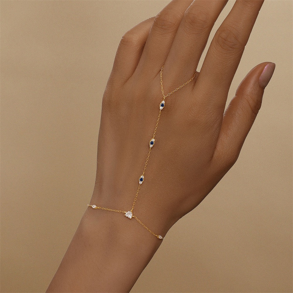 18K Gold plated Sterling Silver evil eyes charm Zircon Hand Chain Dainty Adjustable Finger Bracelet Valentine's Day gifts