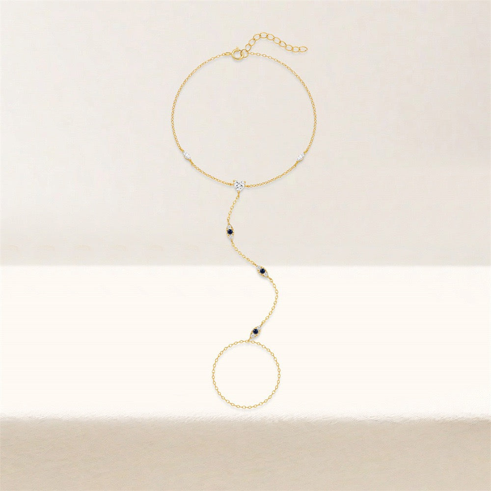 18K Gold plated Sterling Silver evil eyes charm Zircon Hand Chain Dainty Adjustable Finger Bracelet Valentine's Day gifts