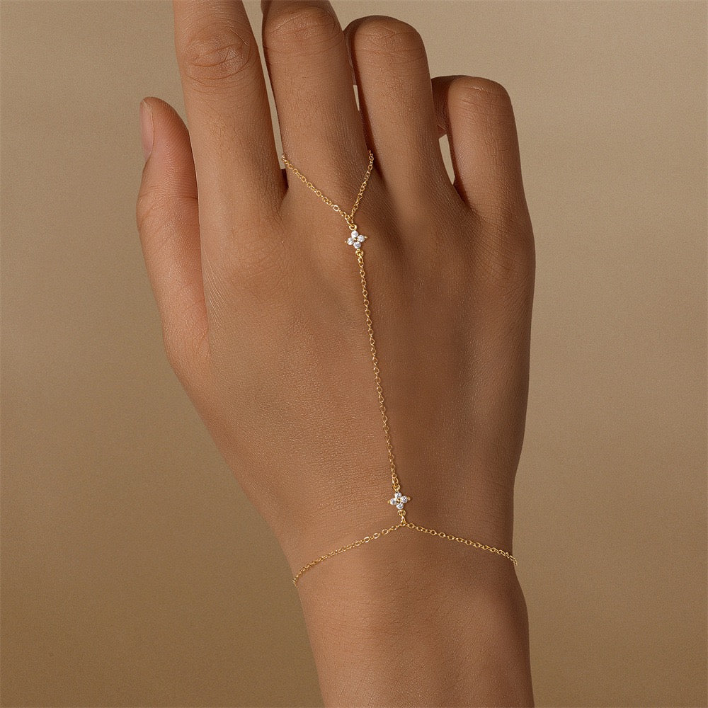 18K Gold plated Sterling Silver Clover charm Zircon Hand Chain Dainty Adjustable Finger Bracelet , birthday gift for her