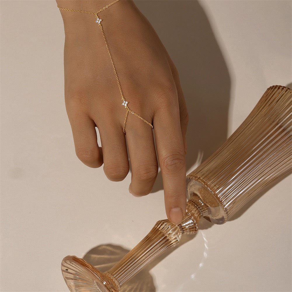 18K Gold plated Sterling Silver Clover charm Zircon Hand Chain Dainty Adjustable Finger Bracelet , birthday gift for her