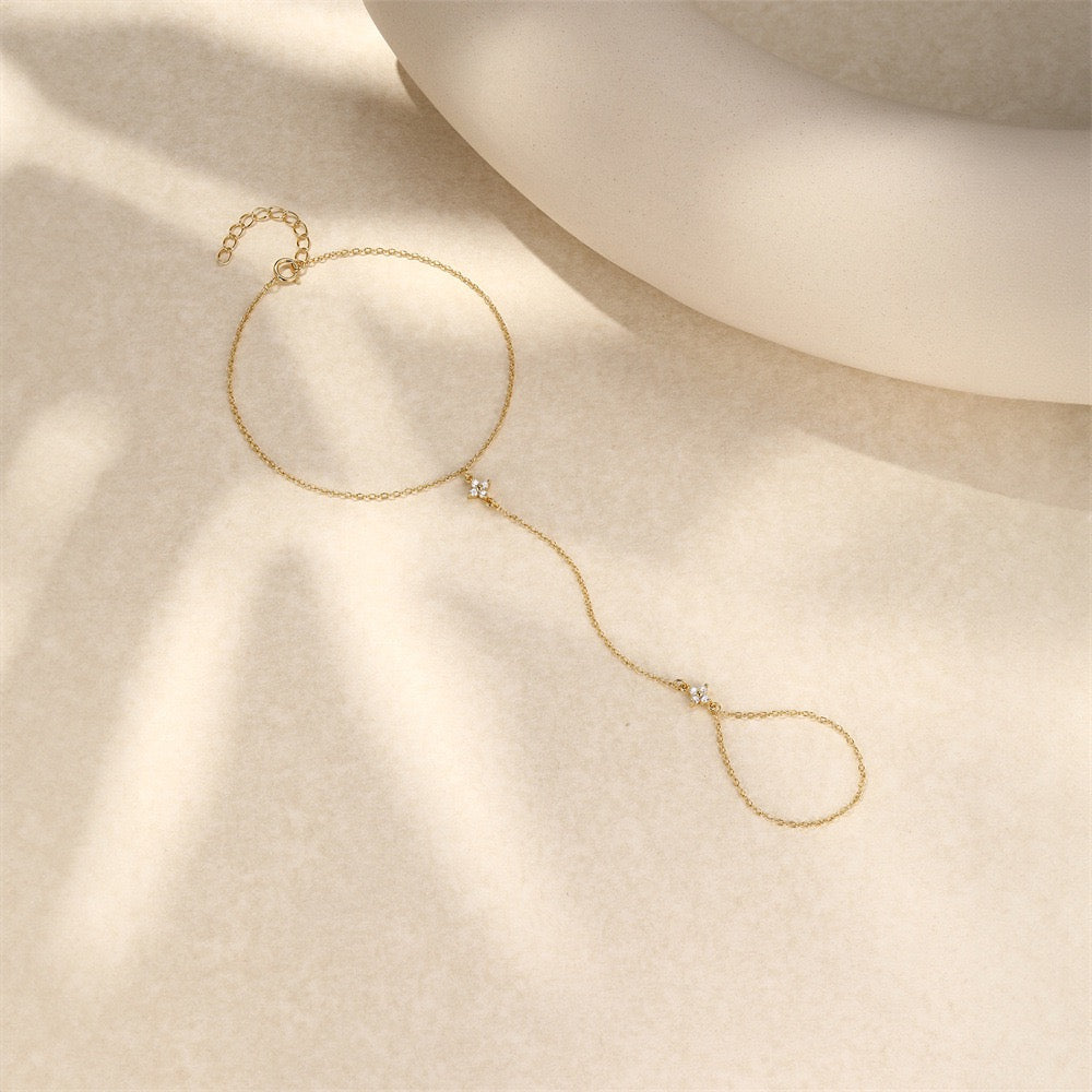 18K Gold plated Sterling Silver Clover charm Zircon Hand Chain Dainty Adjustable Finger Bracelet , birthday gift for her