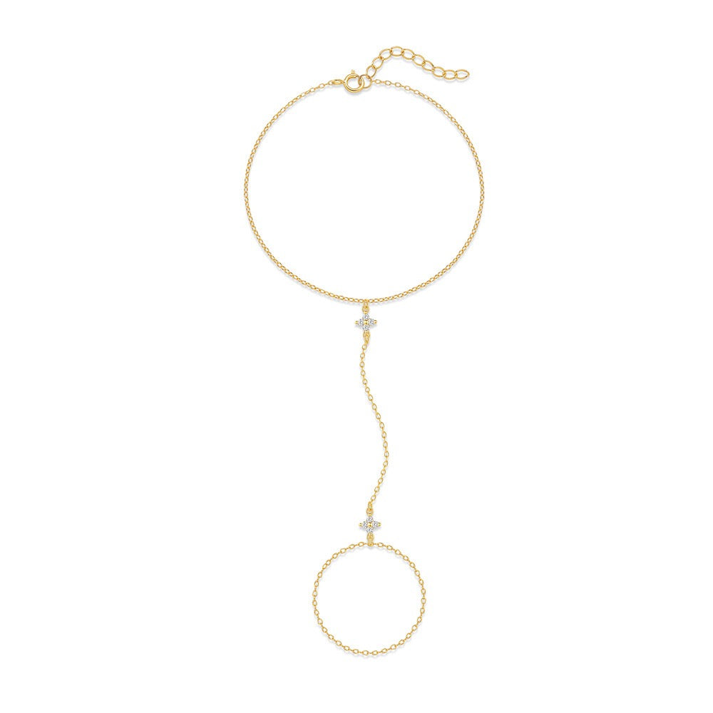 18K Gold plated Sterling Silver Clover charm Zircon Hand Chain Dainty Adjustable Finger Bracelet , birthday gift for her