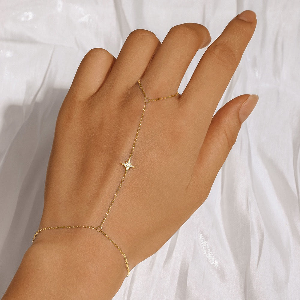 18K Gold plated Sterling Silver Star charm Zircon Hand Chain Dainty Adjustable Finger Bracelet, gift for girlfriend