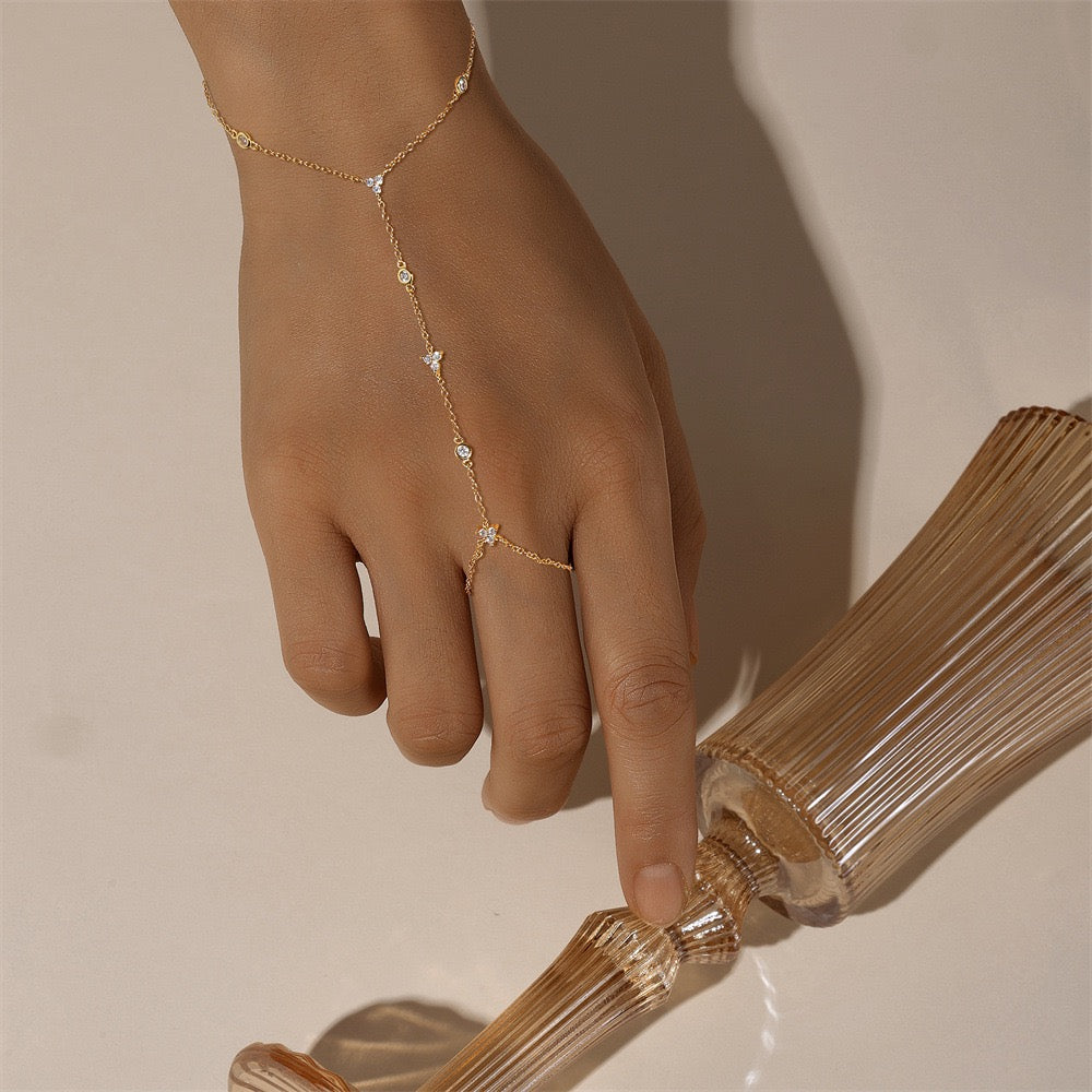 18K Gold plated Sterling Silver Zircon Hand Chain Dainty Adjustable Finger Bracelet ,birthday gift for her