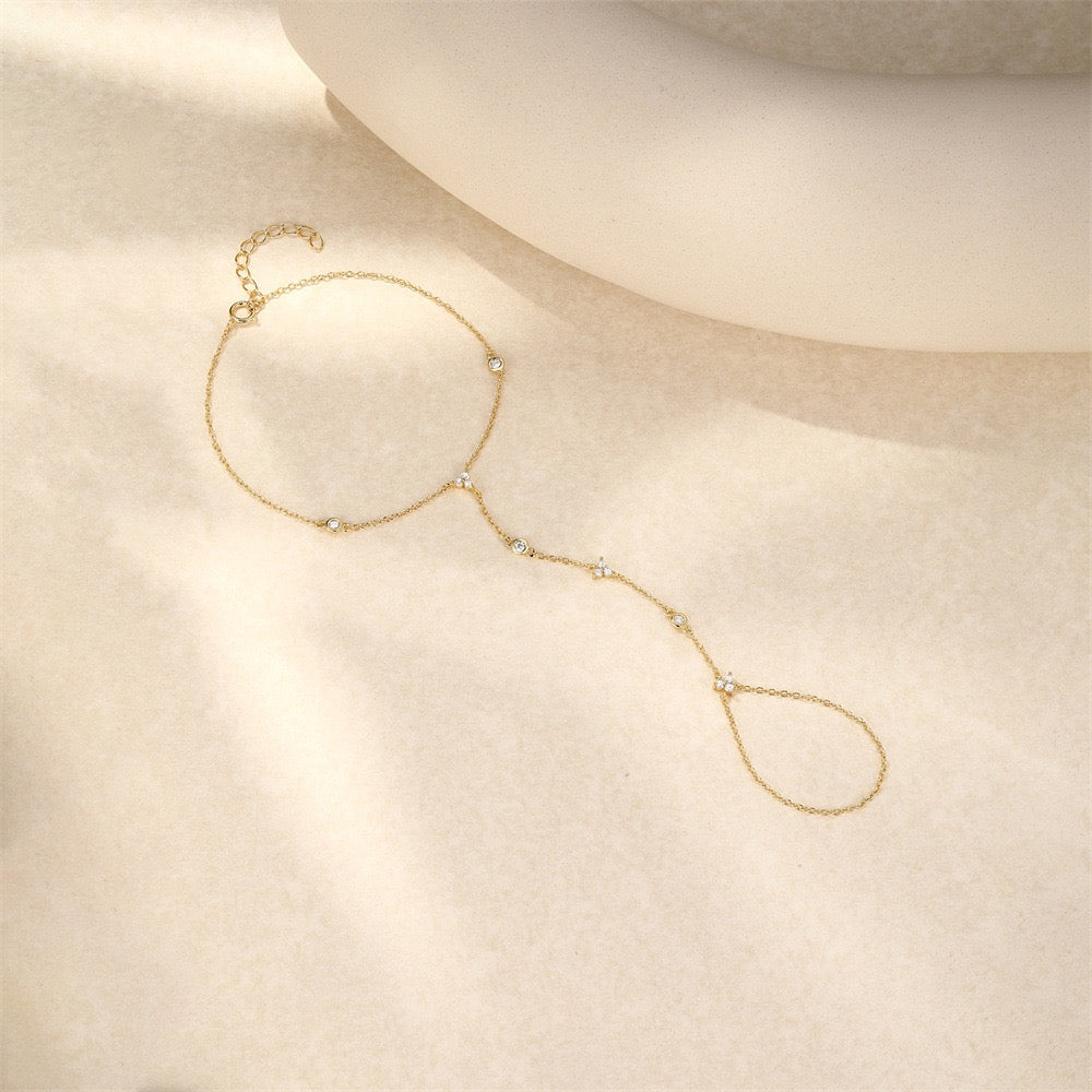 18K Gold plated Sterling Silver Zircon Hand Chain Dainty Adjustable Finger Bracelet ,birthday gift for her