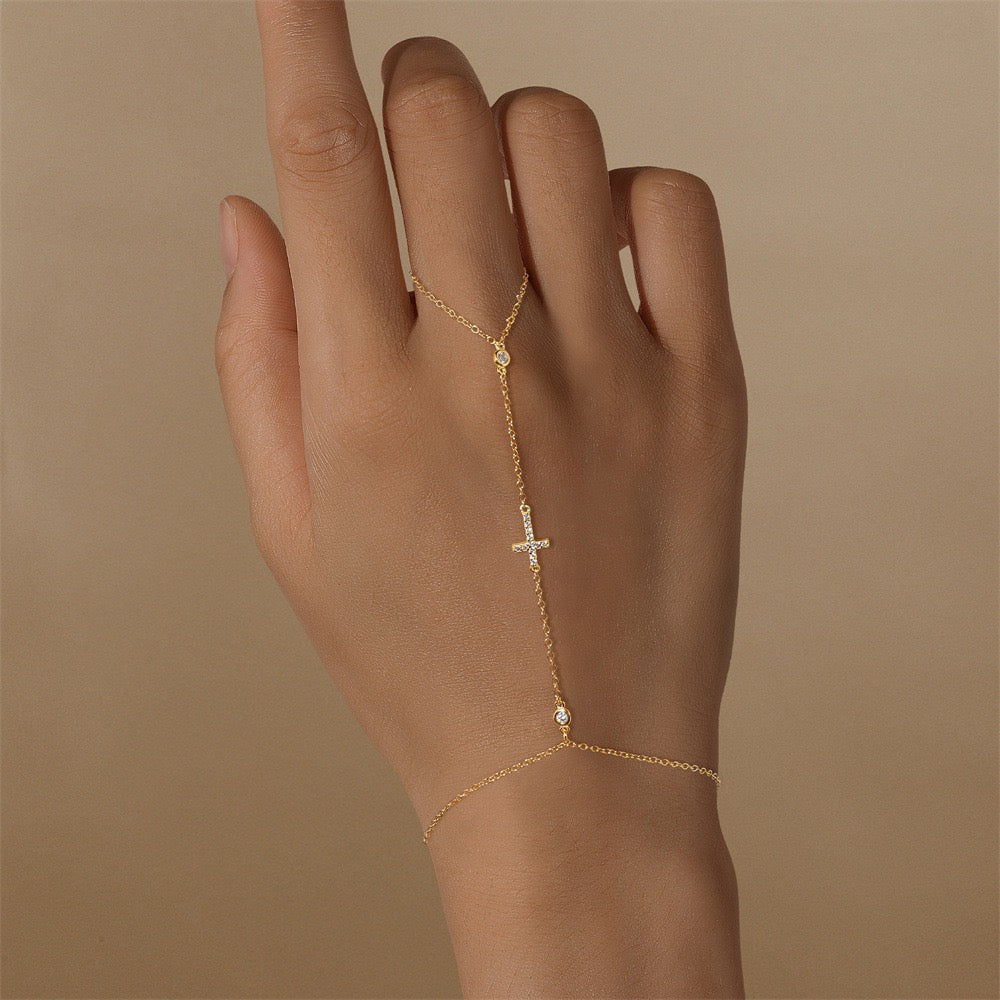 18K Gold plated Sterling Silver Cross charm Zircon Hand Chain Dainty Adjustable Finger Bracelet ,birthday gift for her