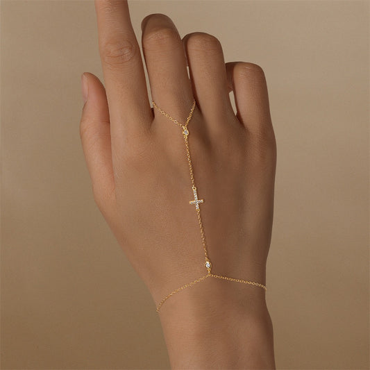 18K Gold plated Sterling Silver Cross charm Zircon Hand Chain Dainty Adjustable Finger Bracelet ,birthday gift for her
