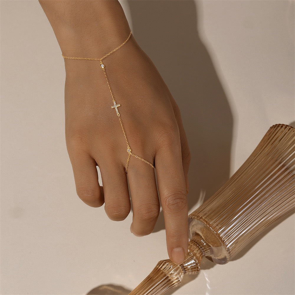 18K Gold plated Sterling Silver Cross charm Zircon Hand Chain Dainty Adjustable Finger Bracelet ,birthday gift for her
