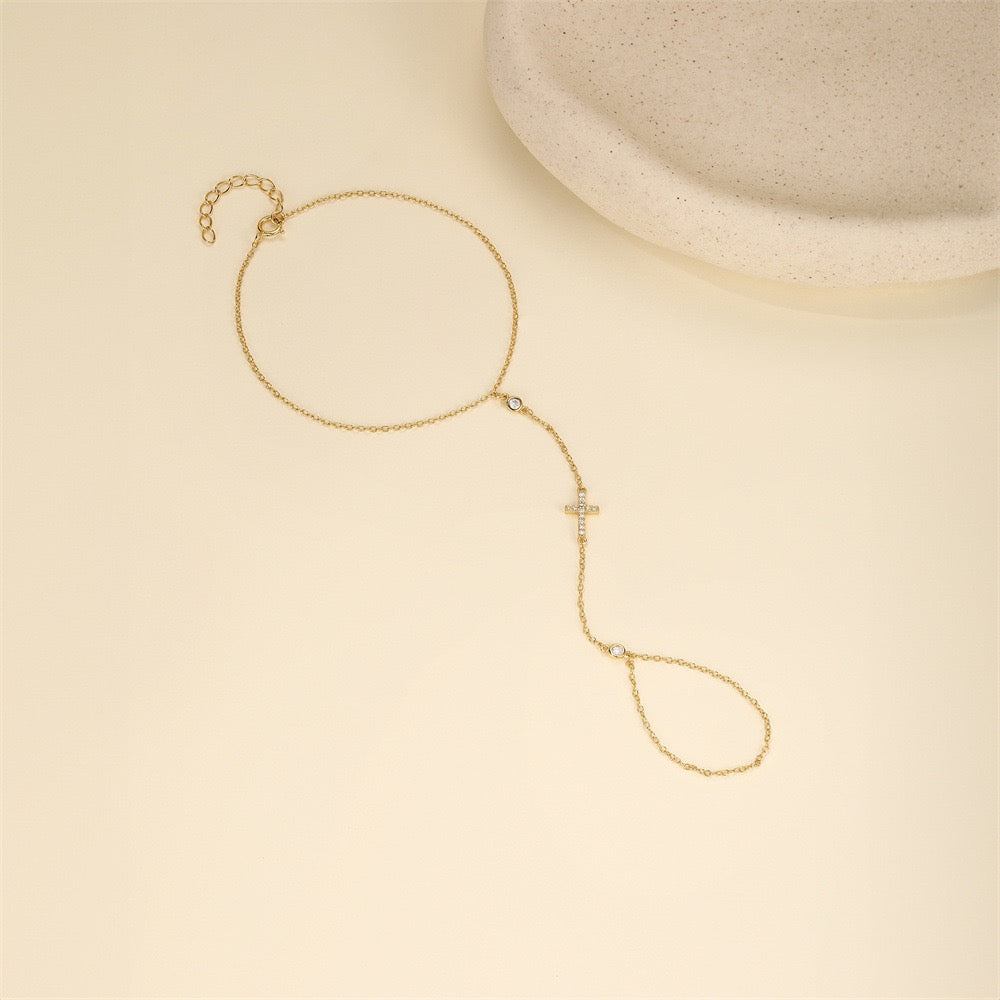 18K Gold plated Sterling Silver Cross charm Zircon Hand Chain Dainty Adjustable Finger Bracelet ,birthday gift for her