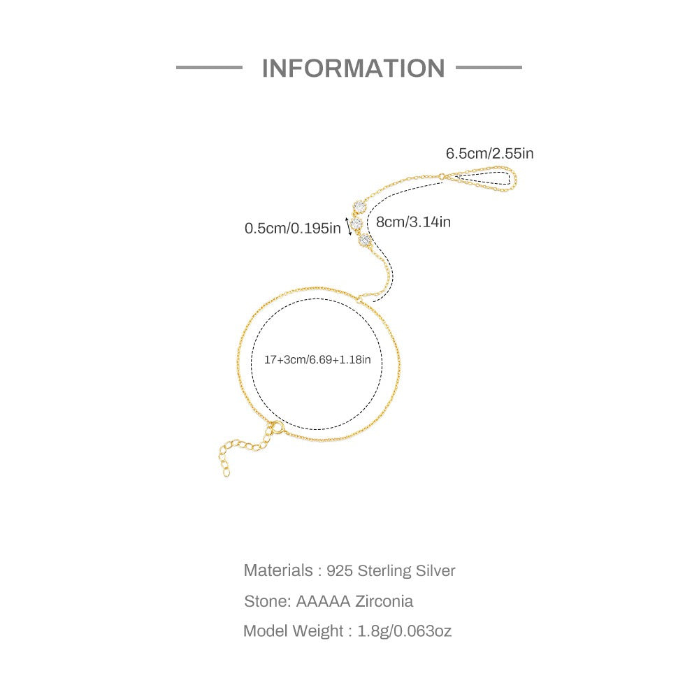 18K Gold plated Sterling Silver Three Zircon Hand Chain Dainty Adjustable Finger Bracelet ,birthday gift for her