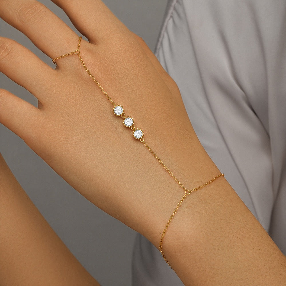 18K Gold plated Sterling Silver Three Zircon Hand Chain Dainty Adjustable Finger Bracelet ,birthday gift for her