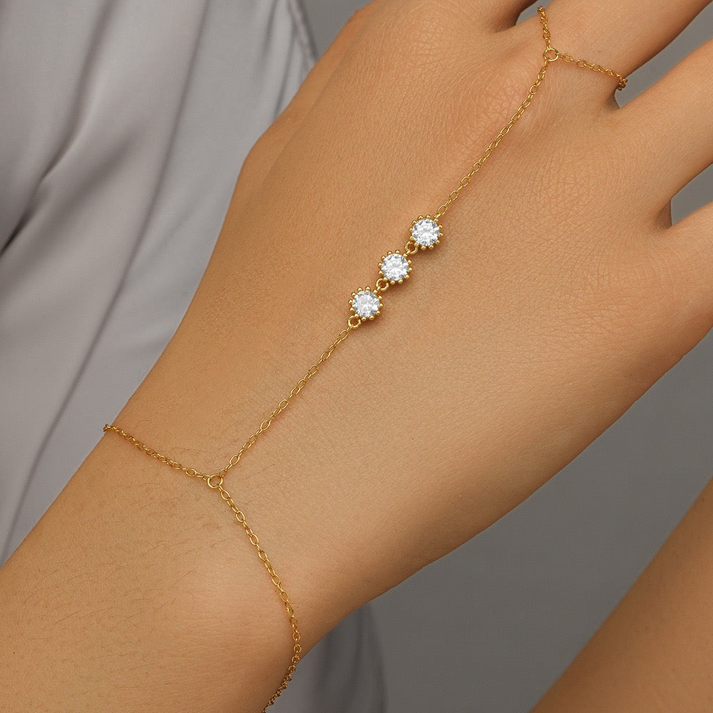 18K Gold plated Sterling Silver Three Zircon Hand Chain Dainty Adjustable Finger Bracelet ,birthday gift for her