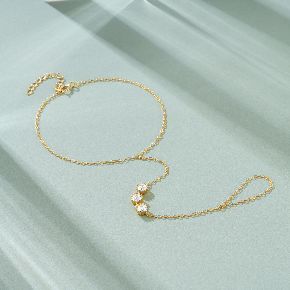 18K Gold plated Sterling Silver Three Zircon Hand Chain Dainty Adjustable Finger Bracelet ,birthday gift for her