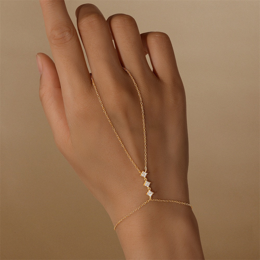 18K Gold plated Sterling Silver Clover charm Zircon Hand Chain Dainty Adjustable Finger Bracelet ,birthday gift for her