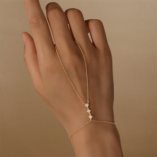 18K Gold plated Sterling Silver Clover charm Zircon Hand Chain Dainty Adjustable Finger Bracelet ,birthday gift for her