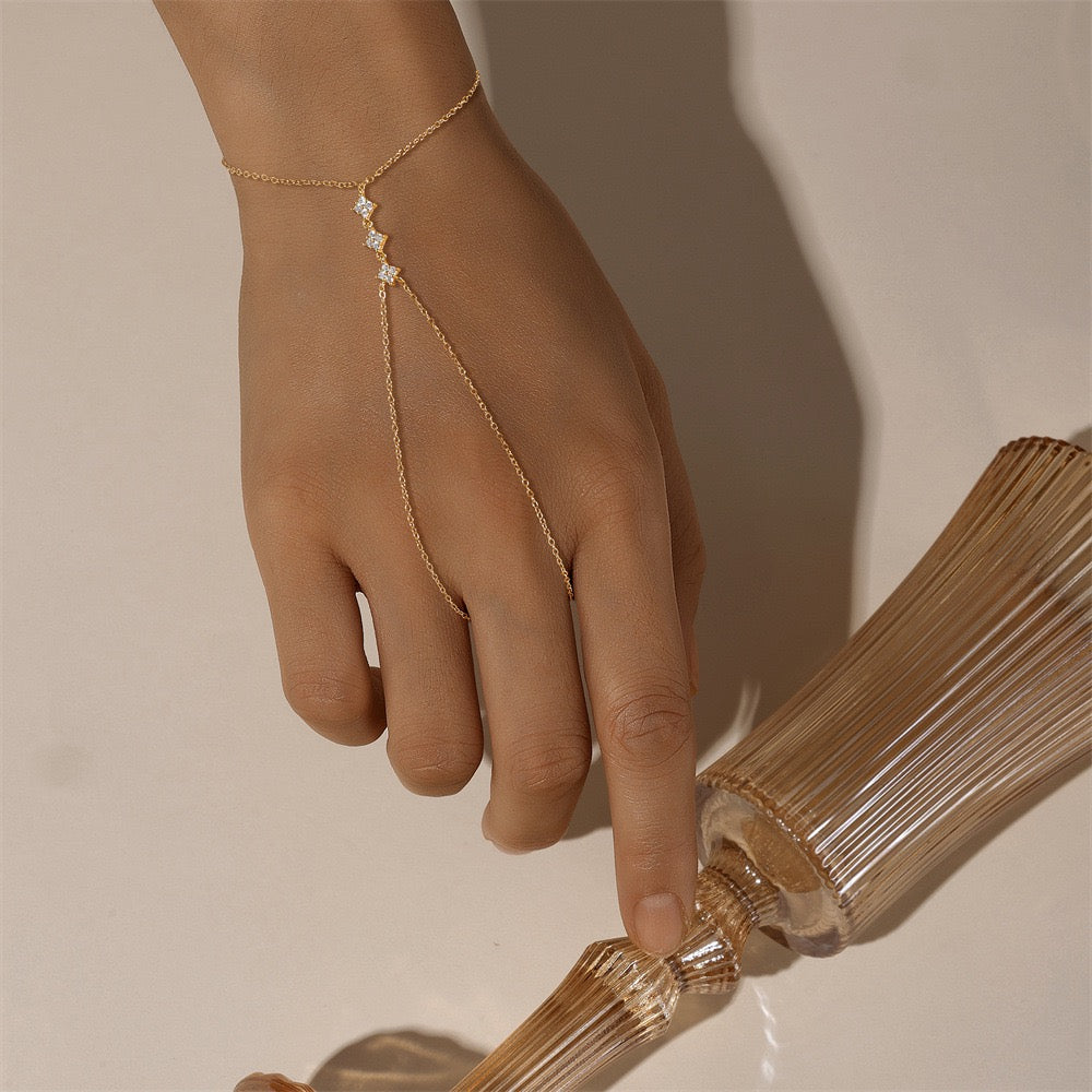 18K Gold plated Sterling Silver Clover charm Zircon Hand Chain Dainty Adjustable Finger Bracelet ,birthday gift for her