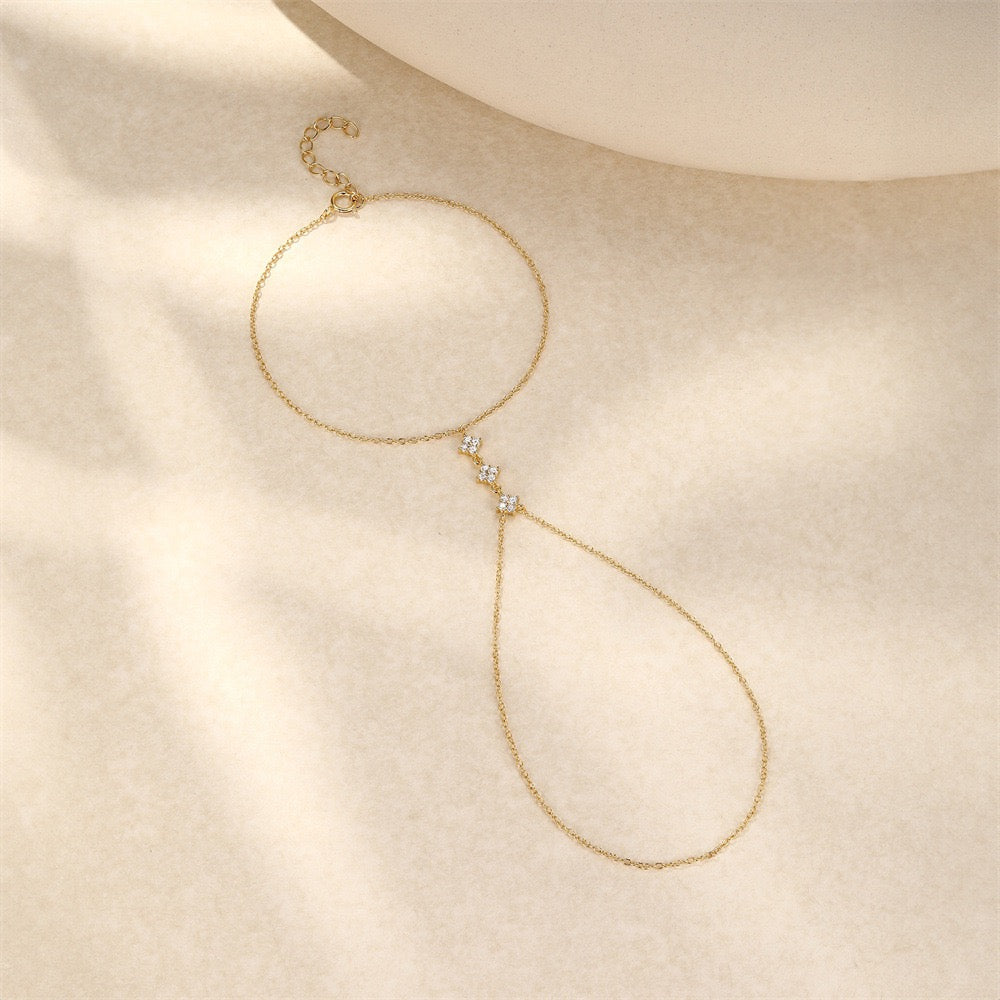 18K Gold plated Sterling Silver Clover charm Zircon Hand Chain Dainty Adjustable Finger Bracelet ,birthday gift for her