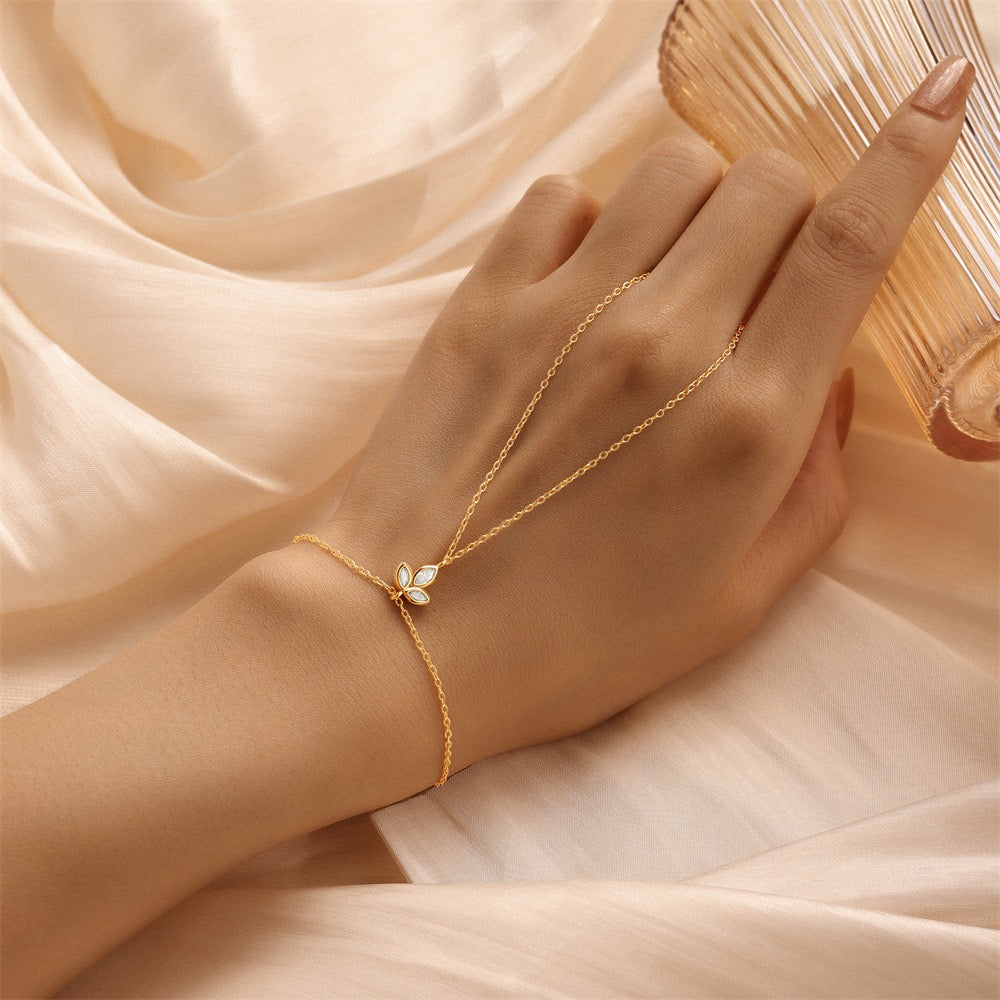 18K Gold plated Sterling Silver Clover charm Zircon Hand Chain Dainty Adjustable Finger Bracelet ,birthday gift for her