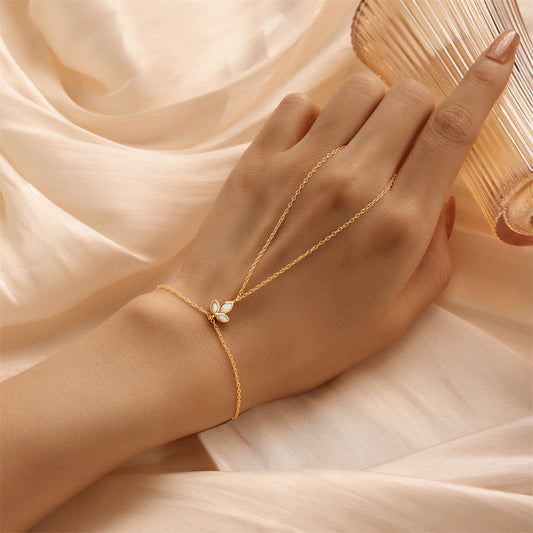 18K Gold plated Sterling Silver Clover charm Zircon Hand Chain Dainty Adjustable Finger Bracelet ,birthday gift for her