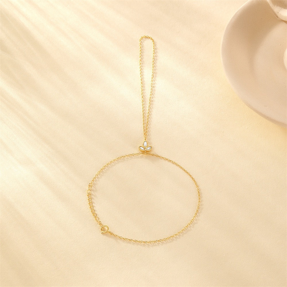 18K Gold plated Sterling Silver Clover charm Zircon Hand Chain Dainty Adjustable Finger Bracelet ,birthday gift for her