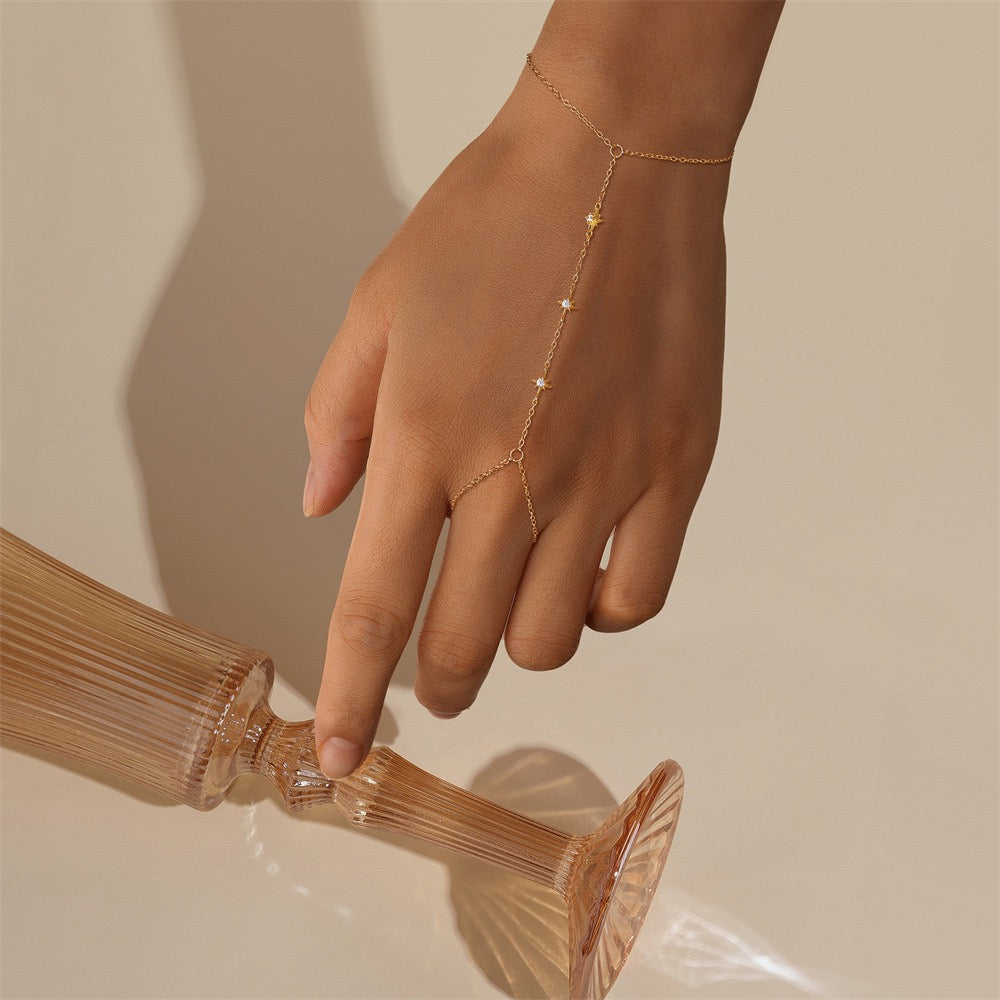 18K Gold plated Sterling Silver Stars charm Zircon Hand Chain Dainty Adjustable Finger Bracelet ,birthday gift for her