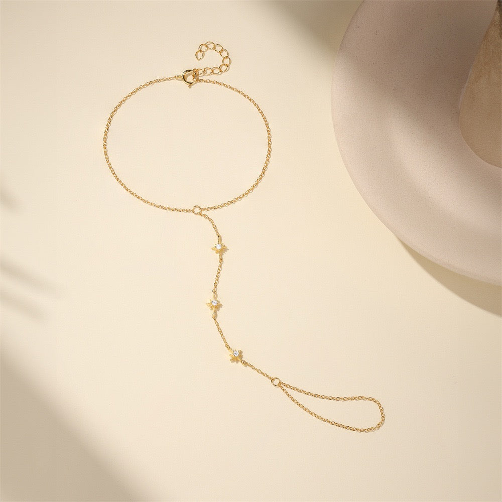 18K Gold plated Sterling Silver Stars charm Zircon Hand Chain Dainty Adjustable Finger Bracelet ,birthday gift for her