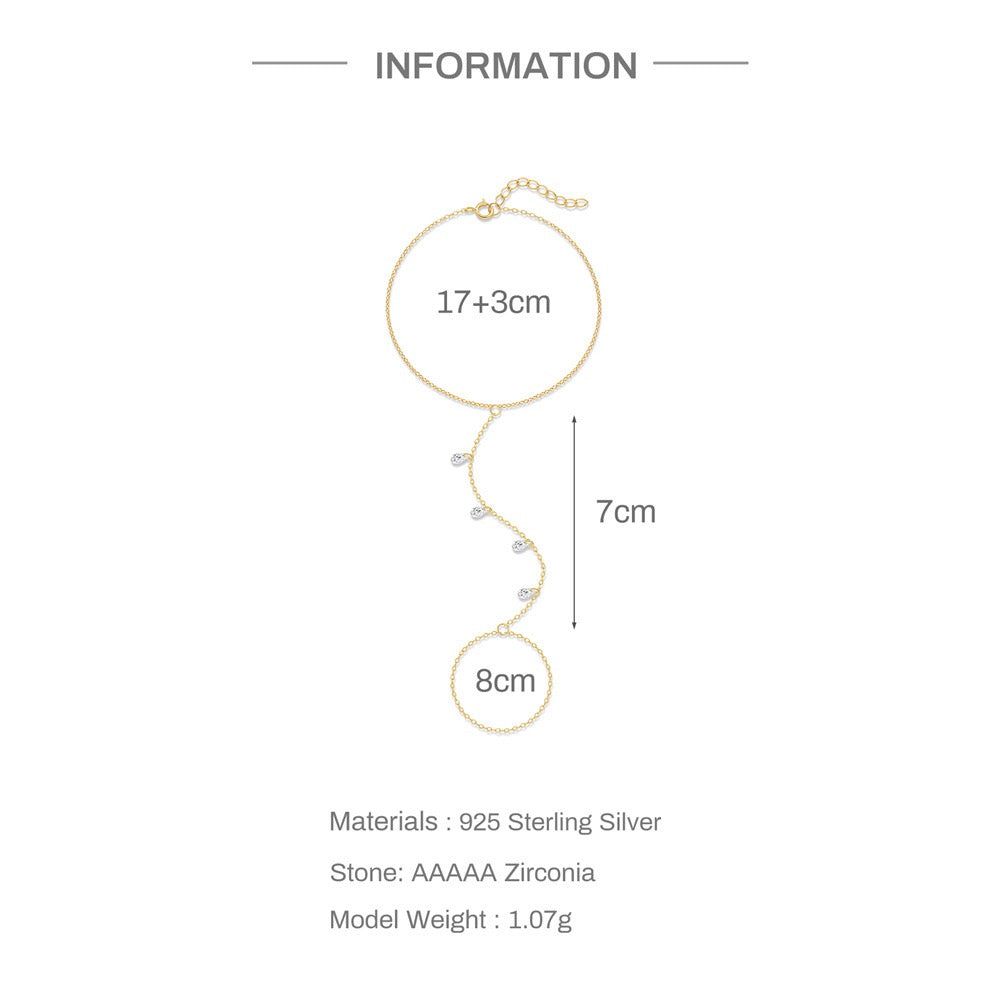 18K Gold plated Sterling Silver tear drop Zircon Hand Chain Dainty Adjustable Finger Bracelet ,birthday gift for her