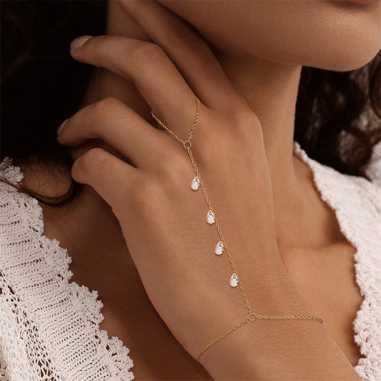 18K Gold plated Sterling Silver tear drop Zircon Hand Chain Dainty Adjustable Finger Bracelet ,birthday gift for her
