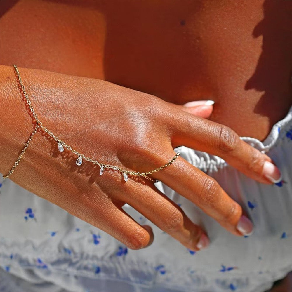 18K Gold plated Sterling Silver tear drop Zircon Hand Chain Dainty Adjustable Finger Bracelet ,birthday gift for her