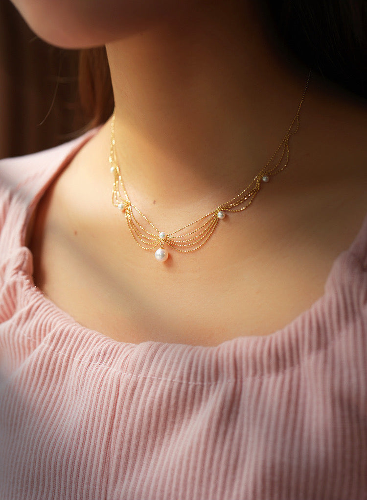 K Gold Pearl wave Chain Lace Necklace/18K Solid Gold Natural Freshwater pearls Lace necklace/Pearls Necklace/Wedding Necklace/gift for her